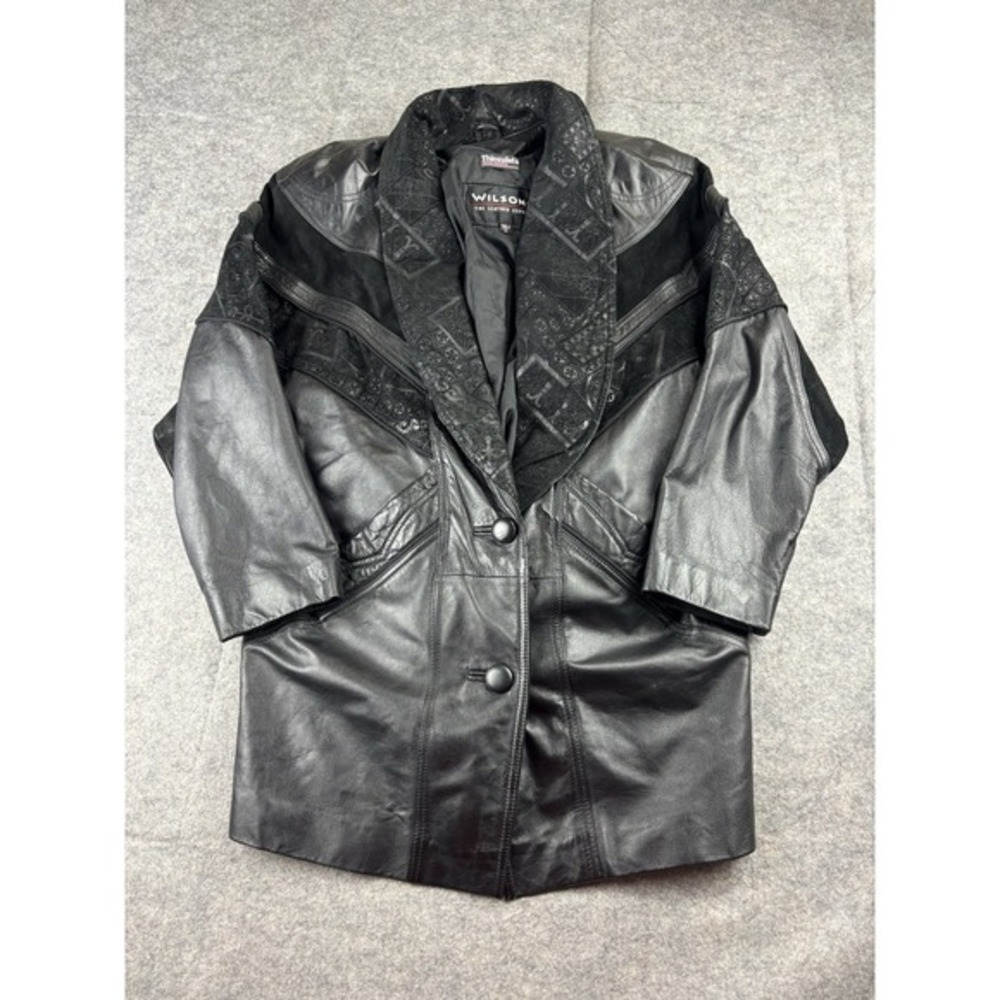 Wilsons Vintage Black Paisley Suede‎ Long Leather Trench Coat Womens M Boho Goth